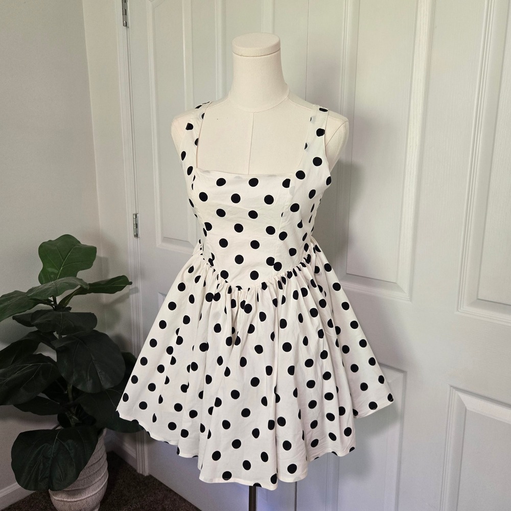 Altar'd State Mini Dress Womens Small White Black Polka Dot Bow Back Retro Flare